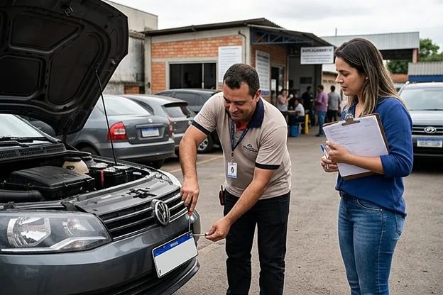 Despachante ajudando cliente no emplacamento de veículo em Mogi Guaçu.